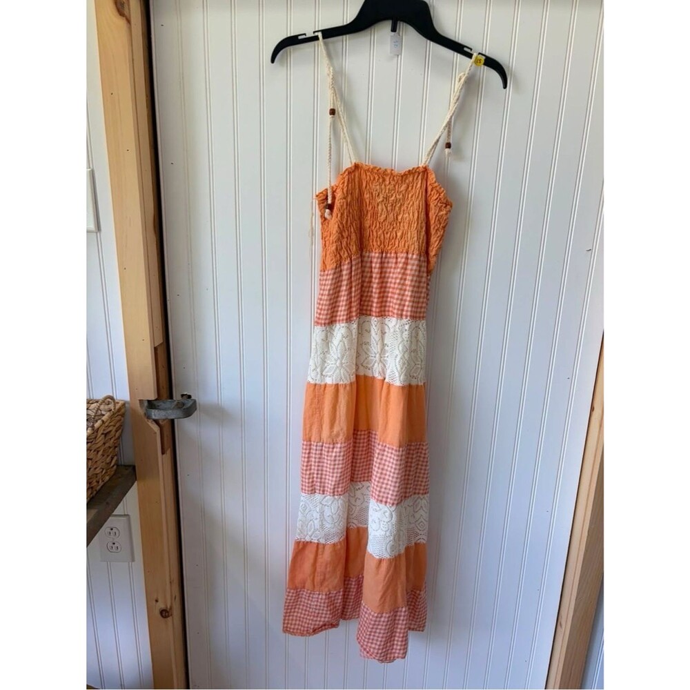 envy me Orange Smocked tiered patchwork cotton Maxi Dress with Braided Straps